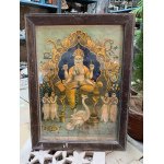 Vintage Lord Brahma Seated on Singhasan Hindu Lithograph Print Wooden Framed