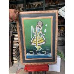 18th C Old Antique Handmade Hindu Worship God Jamunaji Painting Wooden Framed