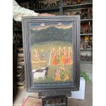 Vintage Hand-Painted Miniature Painting Of Lord Krishna Ras Leela Wooden Framed