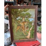 Antique Old Hindu Religious Goddess Ambaji Lithograph Print Framed 15.5×11.5″