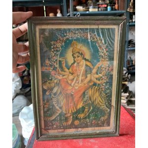 Antique Hindu Religious Goddess Maa Durga Rare Lithograph Print Frame 10.5×7.5″