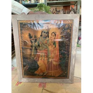 Antique Hindu Worship God Krishna & Goddess Radha Lithograph Print Wooden Framed
