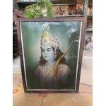 19th C Indian Vintage Lord Shri Krishna Worship Lithograph Print Wooden Framed