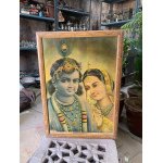 Vintage 1900’s Old God Krishna & Goddess Radha Lithograph Print Wooden Framed