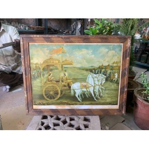 Vintage Gita Birth Titled Lithograph Print Lord Krishna & Arjuna Print Framed
