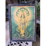 1940’s Vintage Old Hindu Religious Lord Vishnu Lithograph Print Wooden Framed