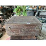 Antique Handcrafted Peacock Floral Carved Brass Inlaid Wooden Box w/ Safety Lock