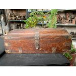 Antique Old Hand Carved Wooden Tool Chest Box With Brass Metal Latch & Handle