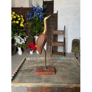 Vintage Hand Crafted Wooden & Brass Decorative Saras Swan Bird Figurine Statue